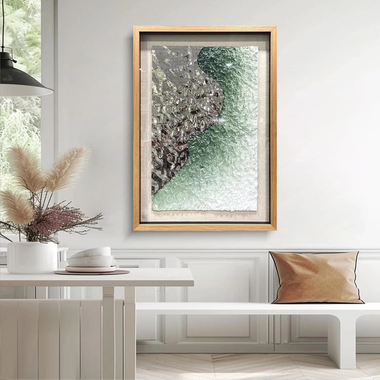 BrightA Embossed Metal Wave Wall Art - Hand-Painted Tissue Paper Gradient (Mist Green) and Silver 3D Wall Art, Contemporary Abstract Metal Sculpture for Living Room​27.5"x 39.4"