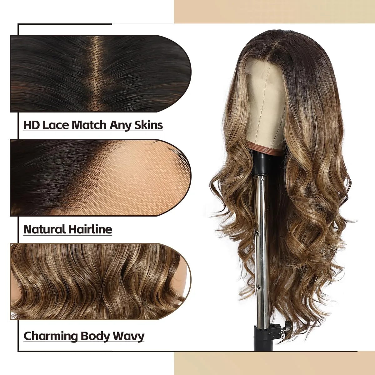 Brown and Blonde Lace Front Wig for Women 13x4 Body Wave Synthetic Wigs Highlight Omber Pre-plucked Long Wavy 150% Density Heat Resistant Hair Daily Use 26 Inch