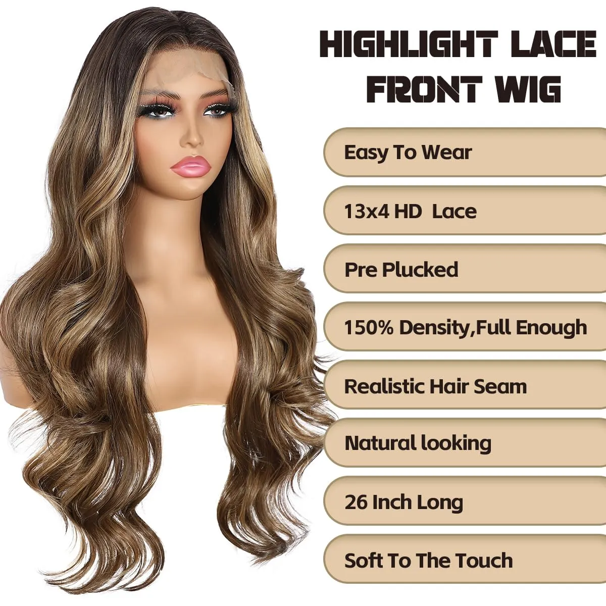 Brown and Blonde Lace Front Wig for Women 13x4 Body Wave Synthetic Wigs Highlight Omber Pre-plucked Long Wavy 150% Density Heat Resistant Hair Daily Use 26 Inch
