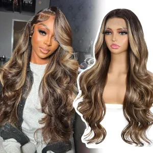 Brown and Blonde Lace Front Wig for Women 13x4 Body Wave Synthetic Wigs Highlight Omber Pre-plucked Long Wavy 150% Density Heat Resistant Hair Daily Use 26 Inch