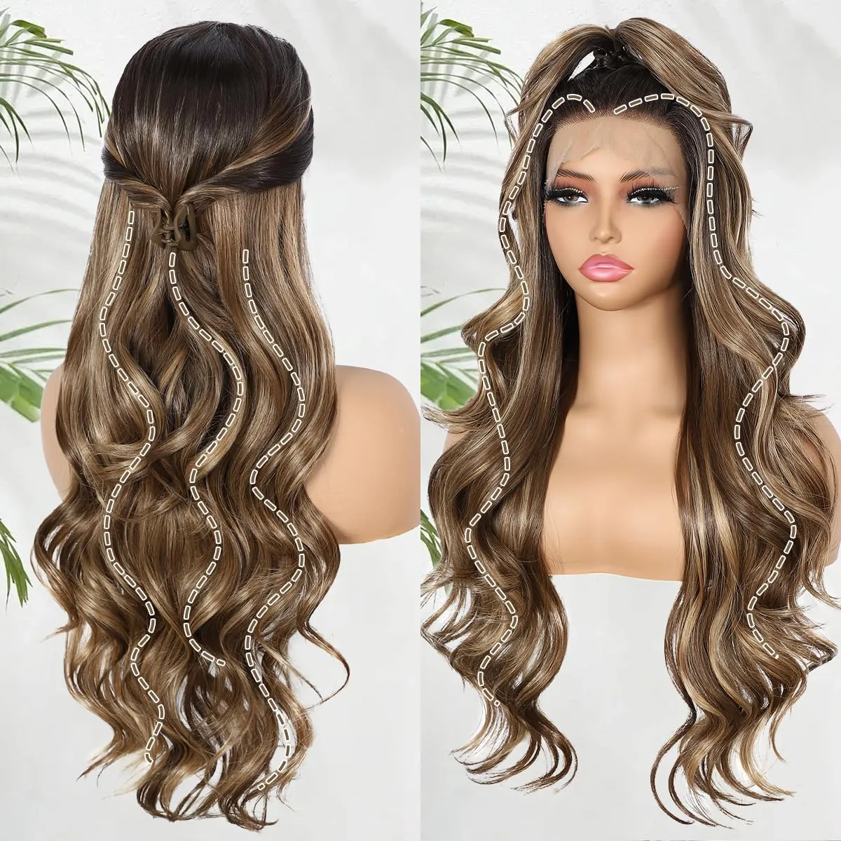 Brown and Blonde Lace Front Wig for Women 13x4 Body Wave Synthetic Wigs Highlight Omber Pre-plucked Long Wavy 150% Density Heat Resistant Hair Daily Use 26 Inch