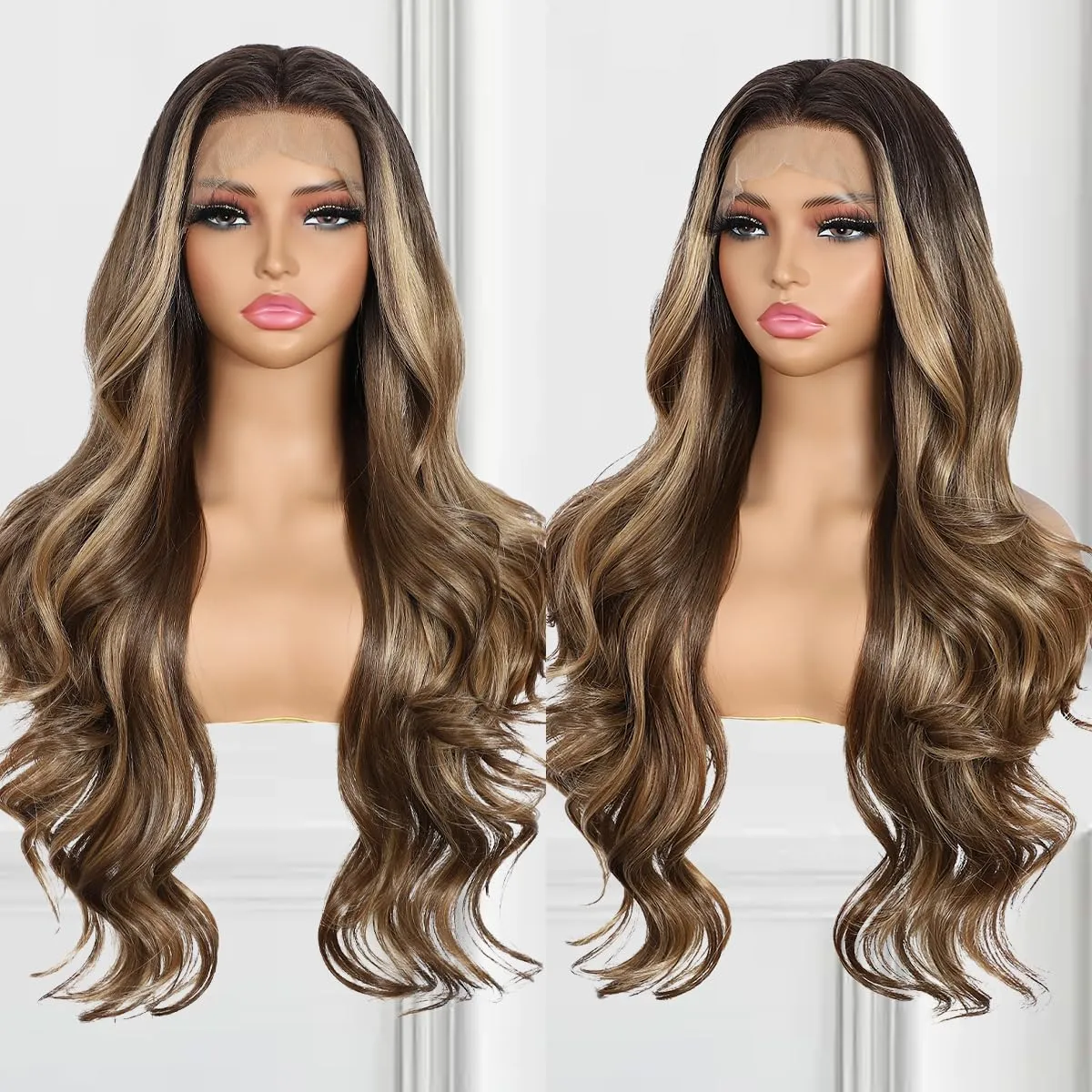 Brown and Blonde Lace Front Wig for Women 13x4 Body Wave Synthetic Wigs Highlight Omber Pre-plucked Long Wavy 150% Density Heat Resistant Hair Daily Use 26 Inch