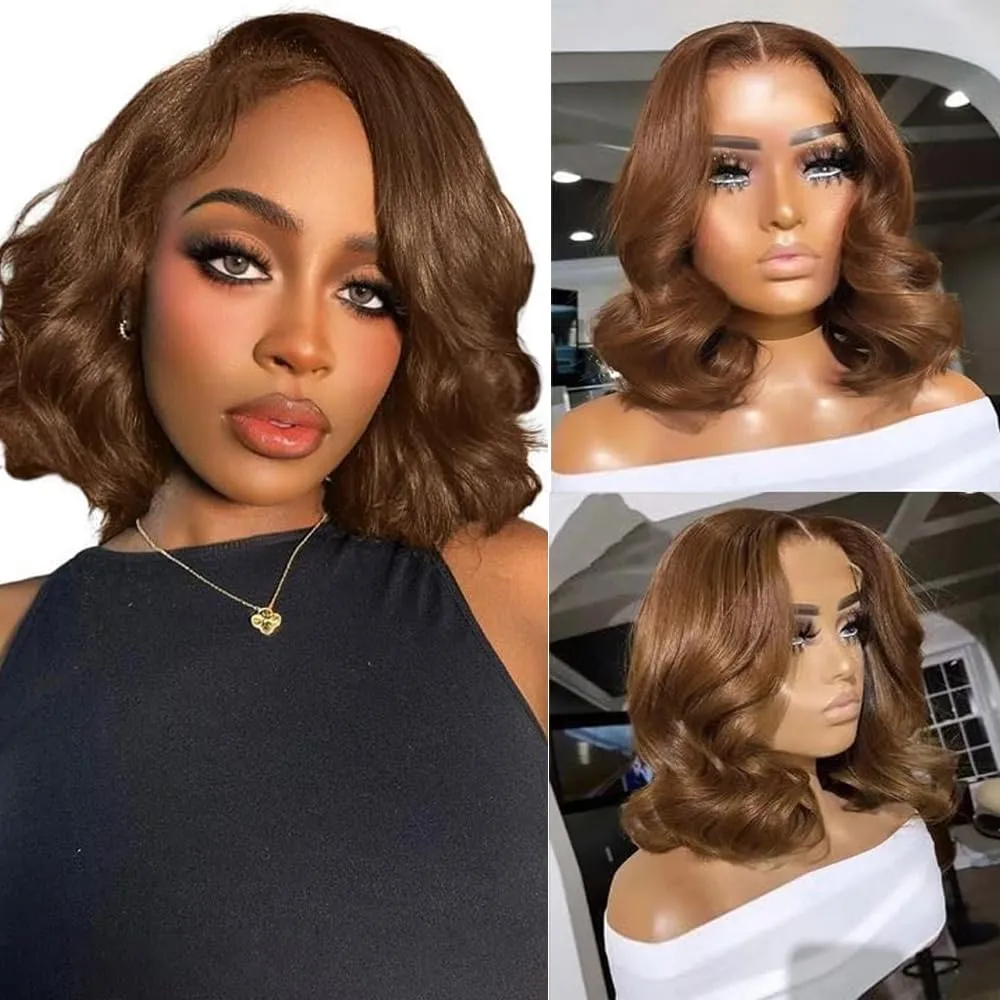 Brown Bob Wig Human Hair 13x4 Frontal Lace Wig 12 Inch Body Wave HD Lace Front Wigs Human Hair Pre Plucked Glueless Bob Wigs for Women (#4 Brown, 12 Inch)