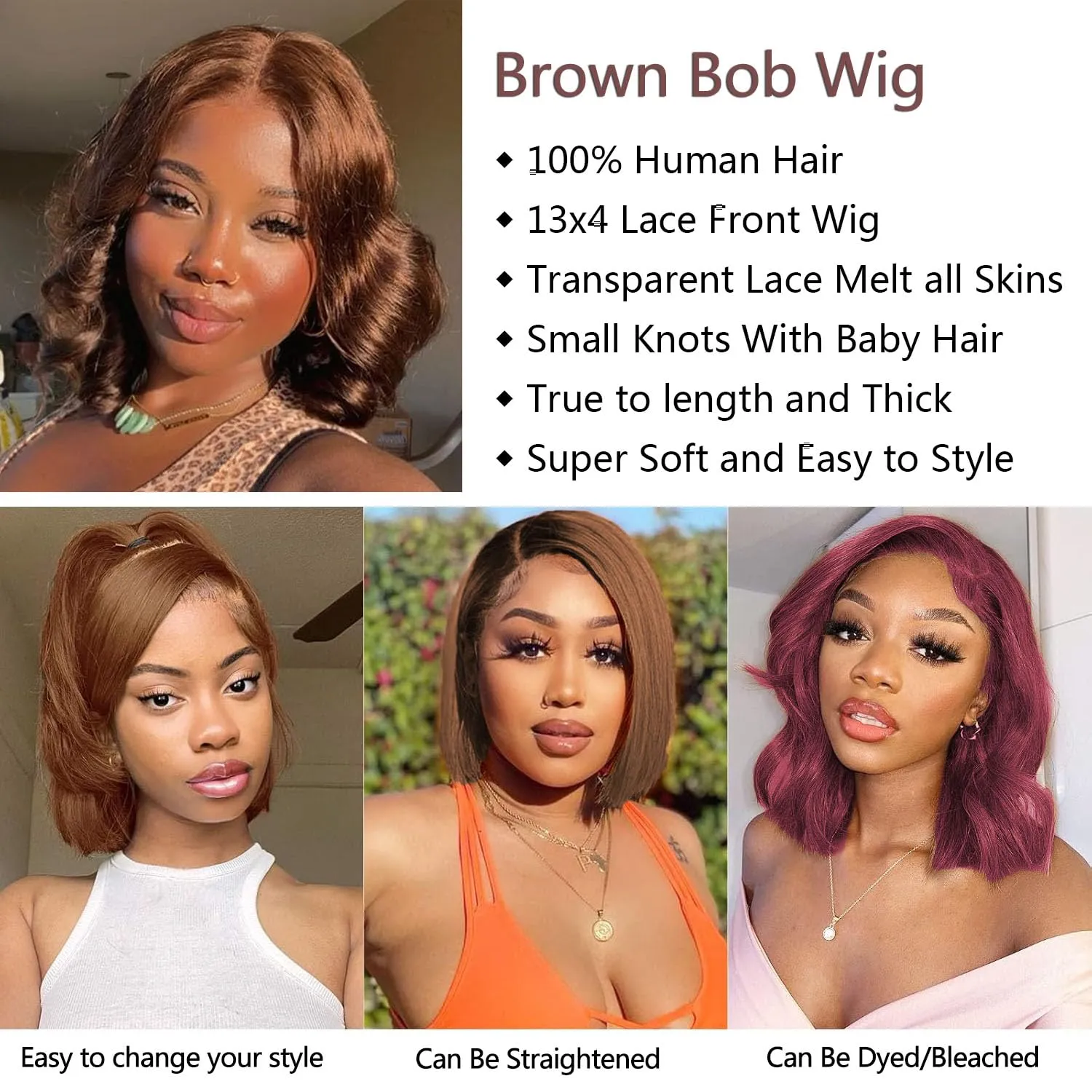 Brown Bob Wig Human Hair 13x4 Frontal Lace Wig 12 Inch Body Wave HD Lace Front Wigs Human Hair Pre Plucked Glueless Bob Wigs for Women (#4 Brown, 12 Inch)