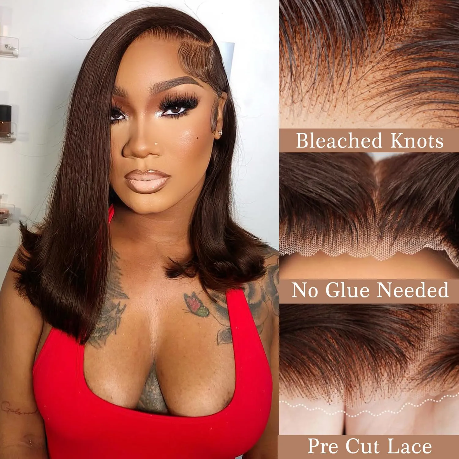 Brown Wear and Go Glueless Wigs Human Hair Pre Plucked Pre Cut 12 Inch 7x5 Chocolate Brown Glueless Bob HD Lace Closure Wig Bleached Knots Short Brown Straight Wig 180% Density for Women