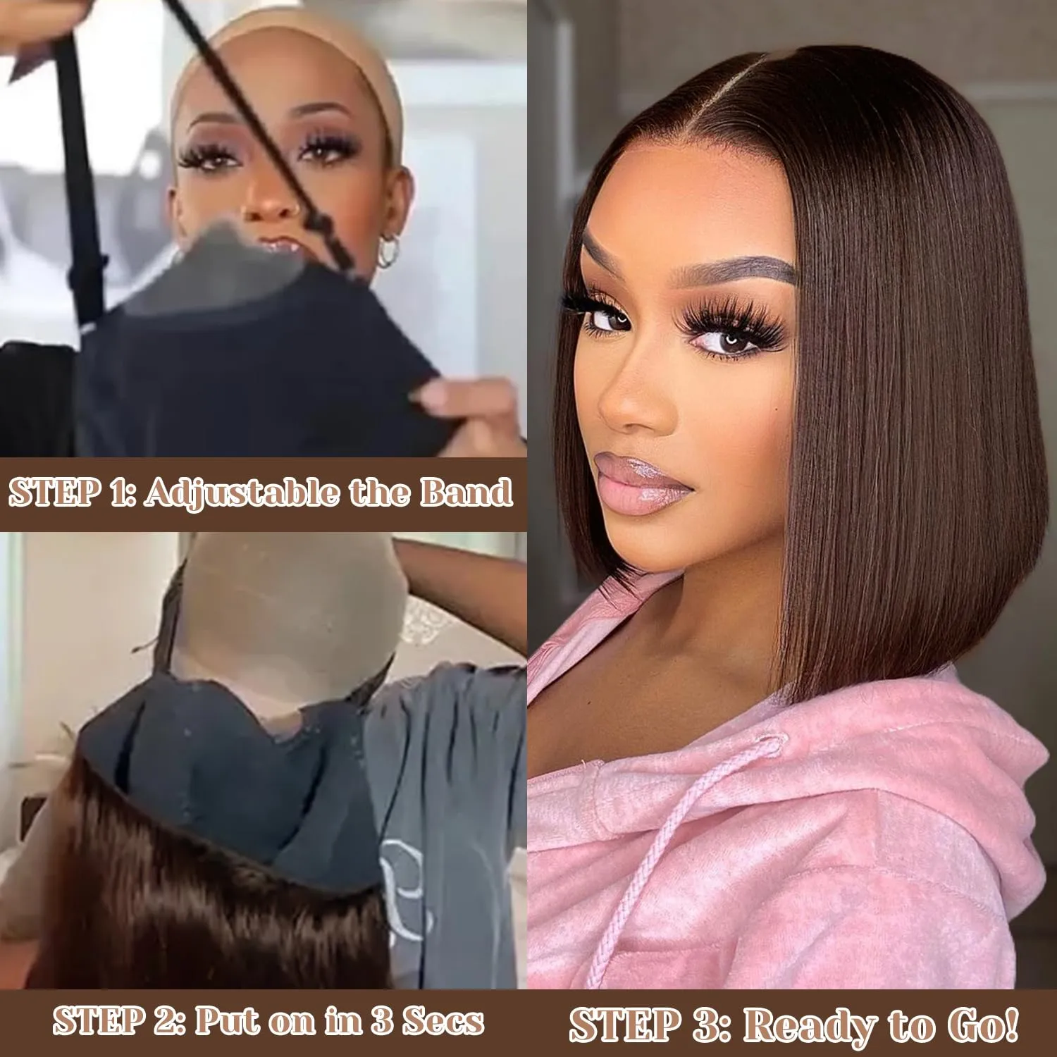 Brown Wear and Go Glueless Wigs Human Hair Pre Plucked Pre Cut 12 Inch 7x5 Chocolate Brown Glueless Bob HD Lace Closure Wig Bleached Knots Short Brown Straight Wig 180% Density for Women