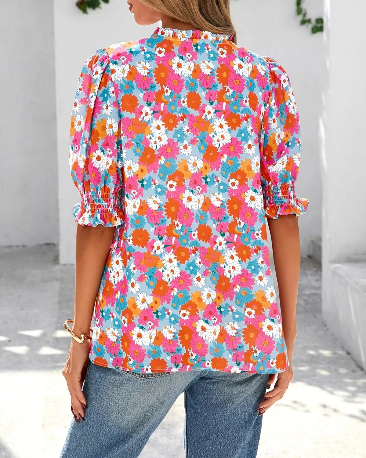 BTFBM Summer Blouses for Women Dressy Casual 2025 Spring Floral Boho Shirts V Neck Puff Short Sleeve Business Work Tops
