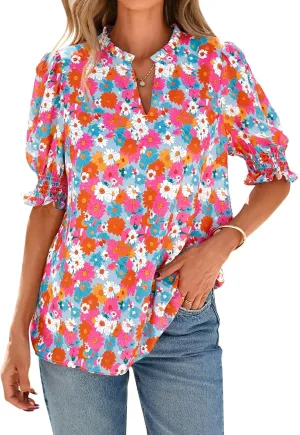 BTFBM Summer Blouses for Women Dressy Casual 2025 Spring Floral Boho Shirts V Neck Puff Short Sleeve Business Work Tops