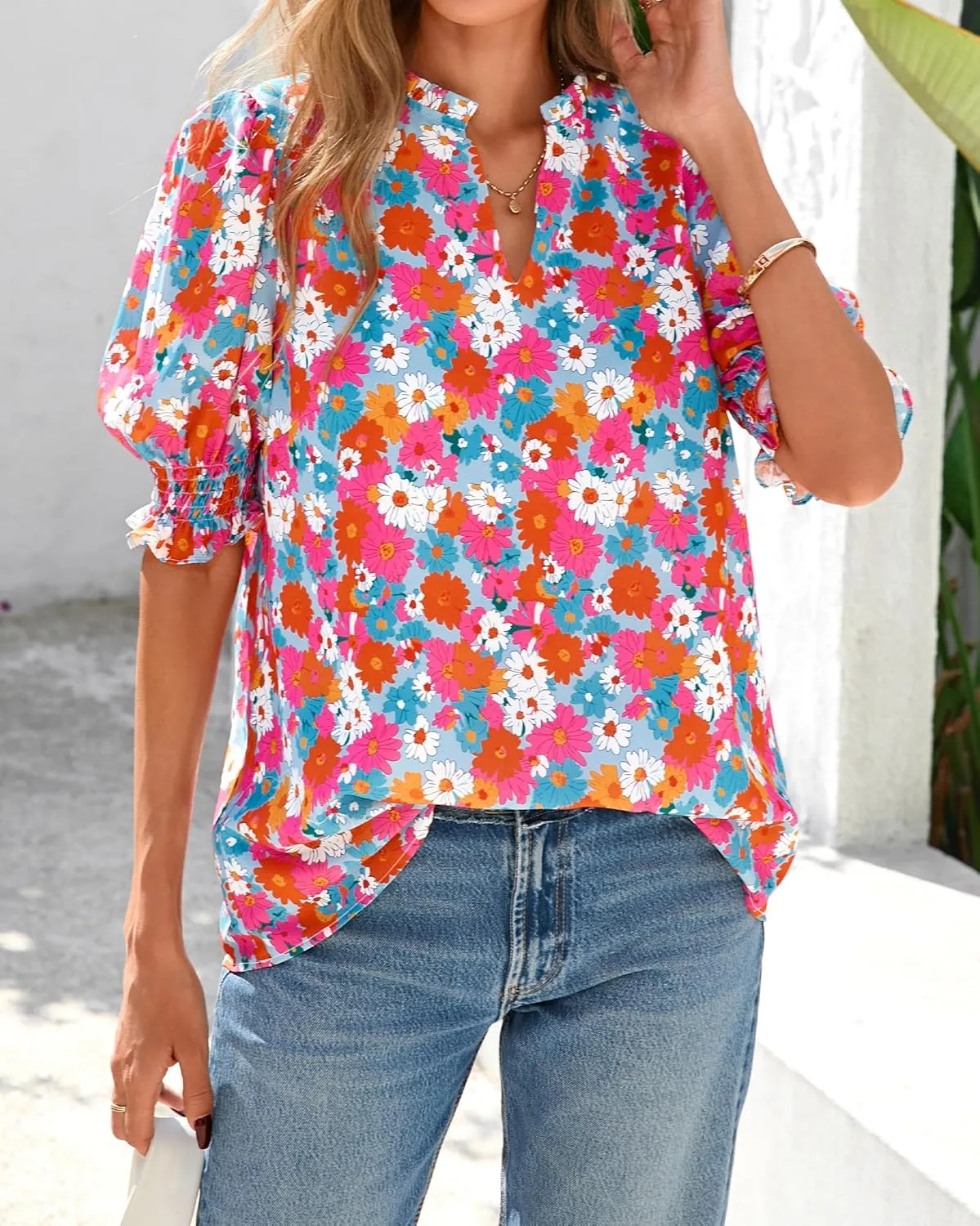 BTFBM Summer Blouses for Women Dressy Casual 2025 Spring Floral Boho Shirts V Neck Puff Short Sleeve Business Work Tops