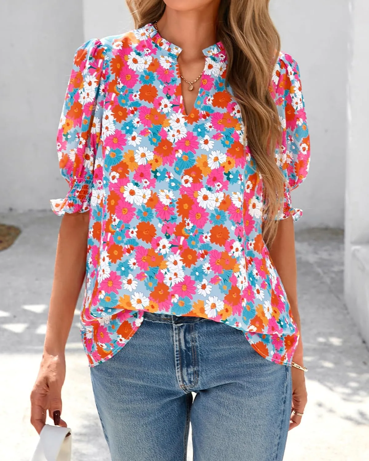 BTFBM Summer Blouses for Women Dressy Casual 2025 Spring Floral Boho Shirts V Neck Puff Short Sleeve Business Work Tops