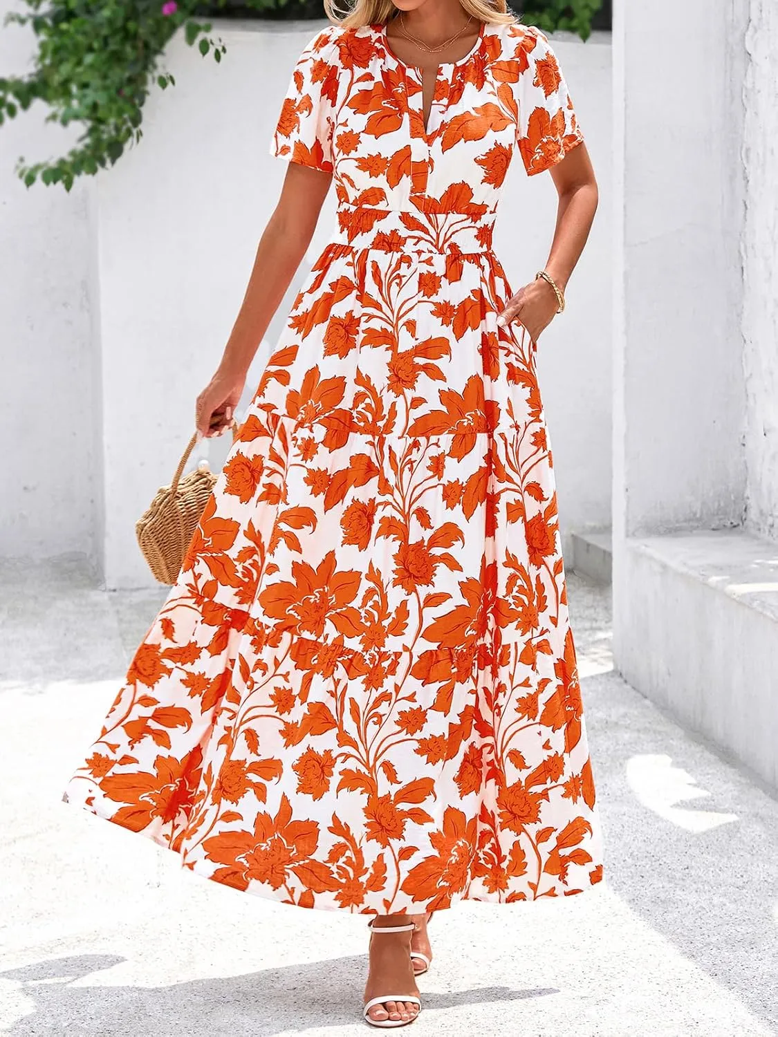 BTFBM Summer Dresses for Women 2025 Floral Casual Short Sleeve V Neck Elastic Waist Maxi Wedding Guest Dress Pockets