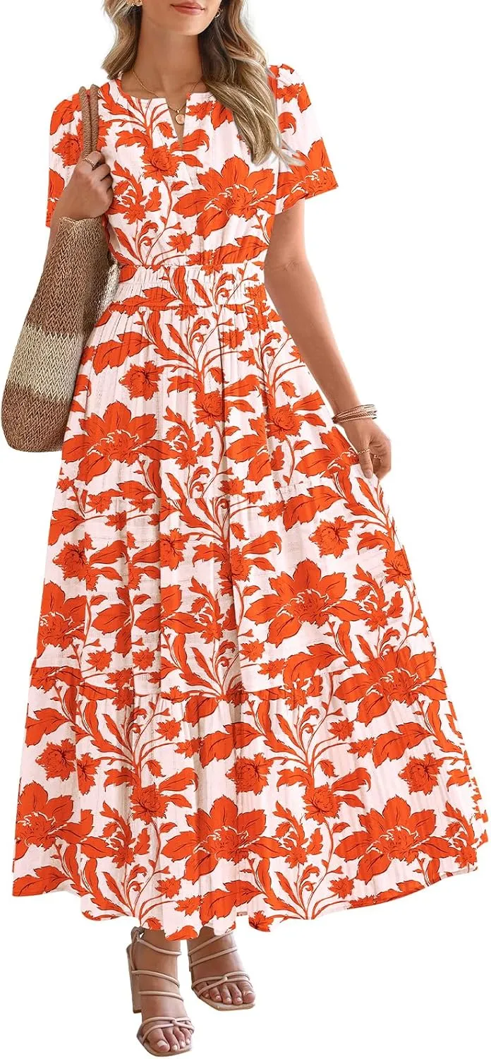 BTFBM Summer Dresses for Women 2025 Floral Casual Short Sleeve V Neck Elastic Waist Maxi Wedding Guest Dress Pockets