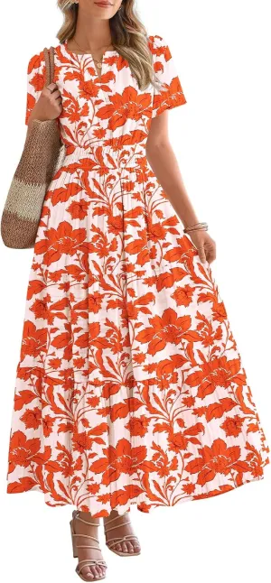 BTFBM Summer Dresses for Women 2025 Floral Casual Short Sleeve V Neck Elastic Waist Maxi Wedding Guest Dress Pockets