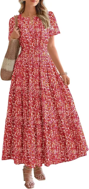 BTFBM Summer Dresses for Women 2025 Floral Casual Short Sleeve V Neck Elastic Waist Maxi Wedding Guest Dress Pockets