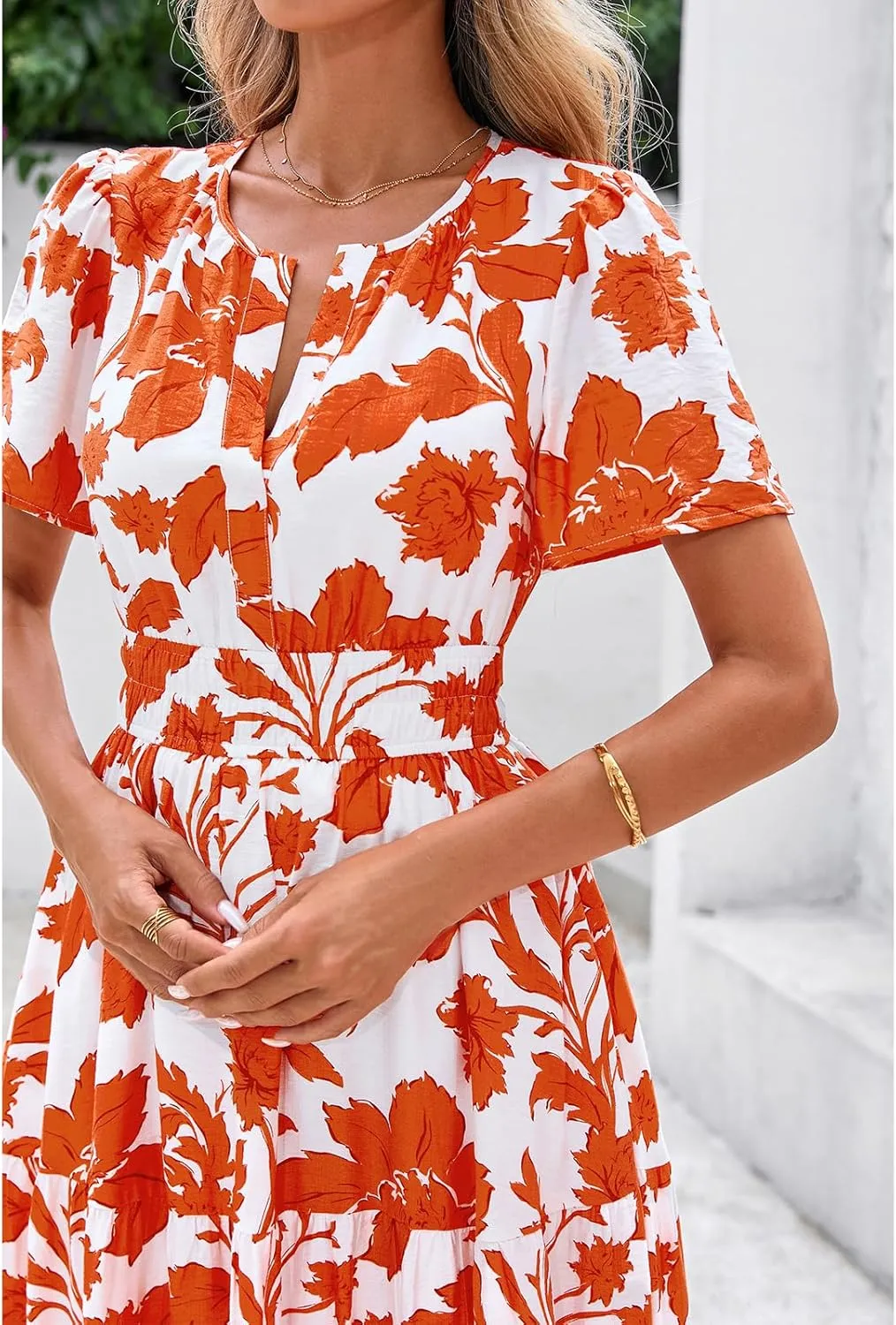 BTFBM Summer Dresses for Women 2025 Floral Casual Short Sleeve V Neck Elastic Waist Maxi Wedding Guest Dress Pockets