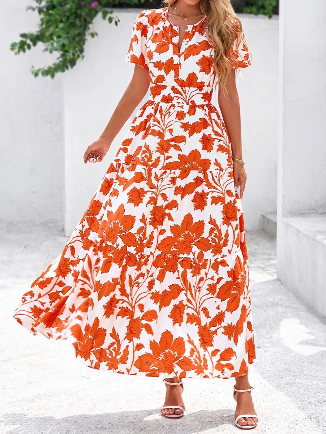 BTFBM Summer Dresses for Women 2025 Floral Casual Short Sleeve V Neck Elastic Waist Maxi Wedding Guest Dress Pockets