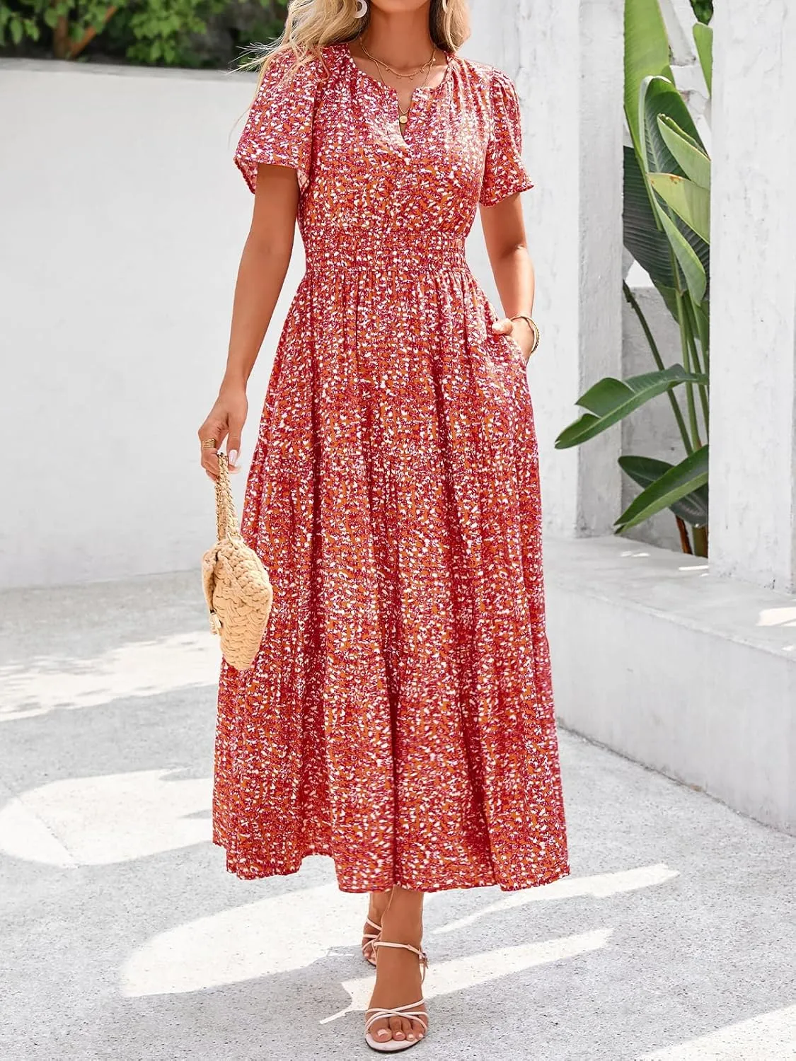 BTFBM Summer Dresses for Women 2025 Floral Casual Short Sleeve V Neck Elastic Waist Maxi Wedding Guest Dress Pockets