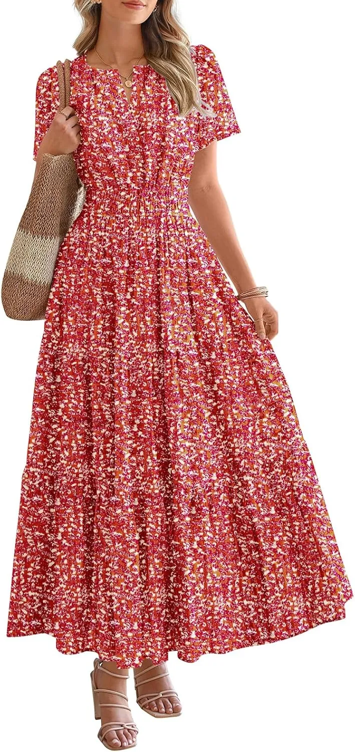 BTFBM Summer Dresses for Women 2025 Floral Casual Short Sleeve V Neck Elastic Waist Maxi Wedding Guest Dress Pockets