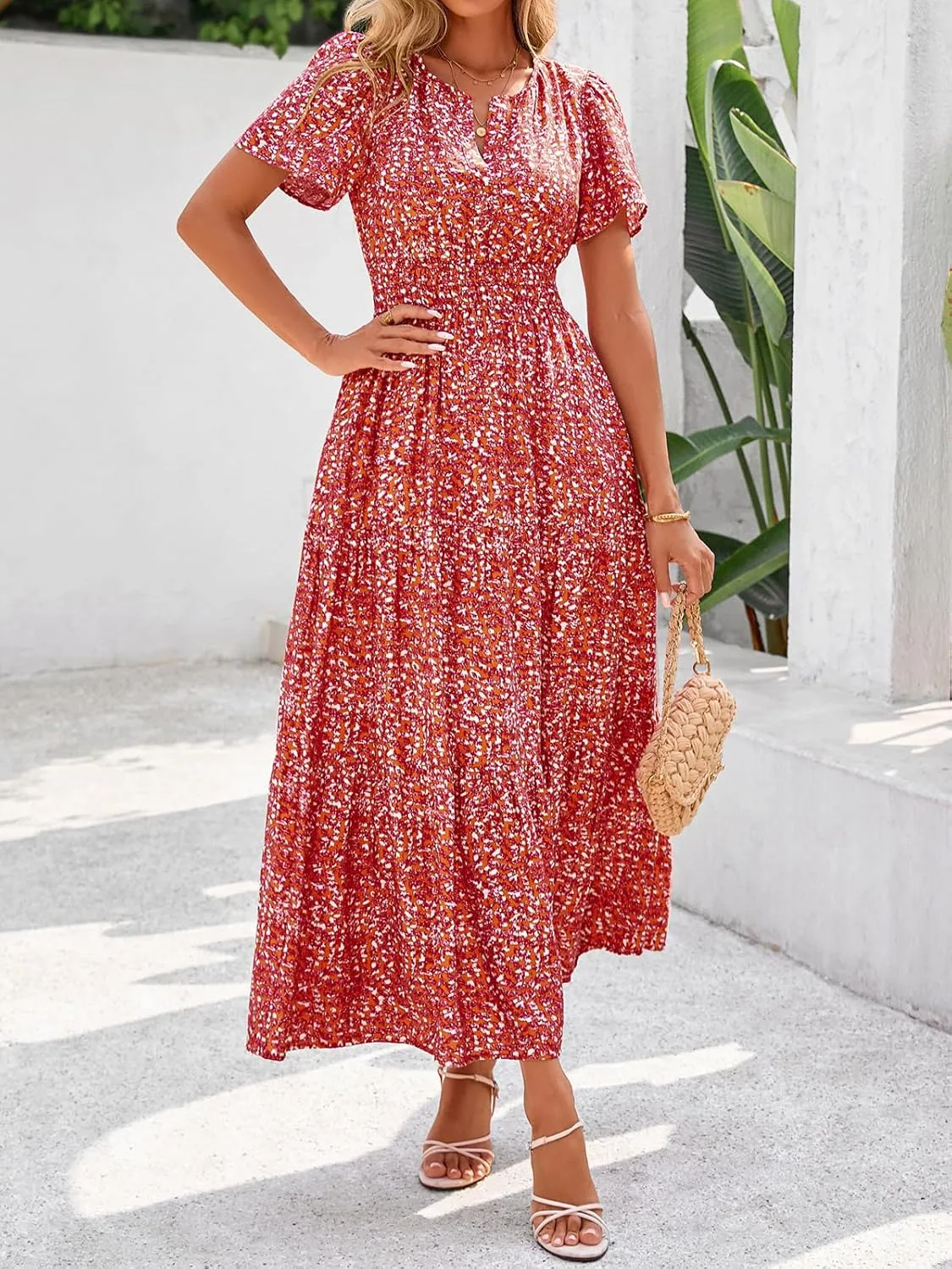 BTFBM Summer Dresses for Women 2025 Floral Casual Short Sleeve V Neck Elastic Waist Maxi Wedding Guest Dress Pockets