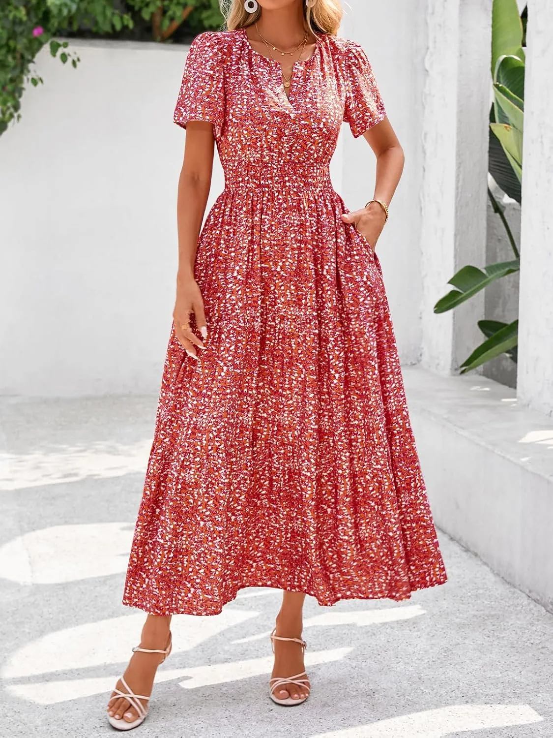 BTFBM Summer Dresses for Women 2025 Floral Casual Short Sleeve V Neck Elastic Waist Maxi Wedding Guest Dress Pockets