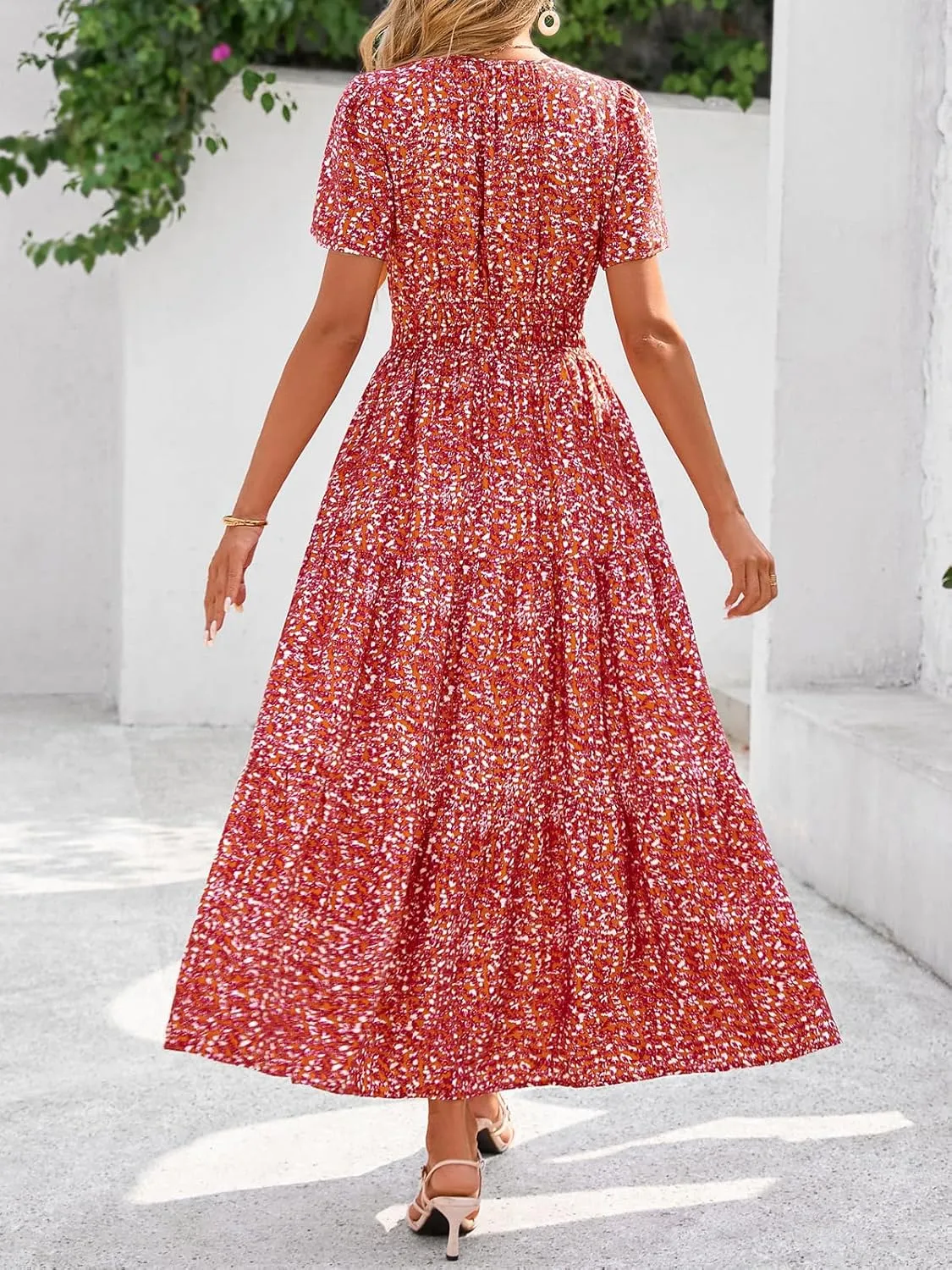 BTFBM Summer Dresses for Women 2025 Floral Casual Short Sleeve V Neck Elastic Waist Maxi Wedding Guest Dress Pockets