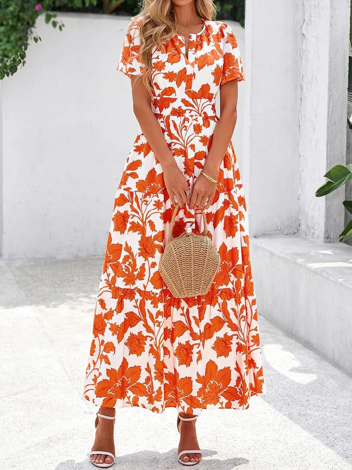 BTFBM Summer Dresses for Women 2025 Floral Casual Short Sleeve V Neck Elastic Waist Maxi Wedding Guest Dress Pockets