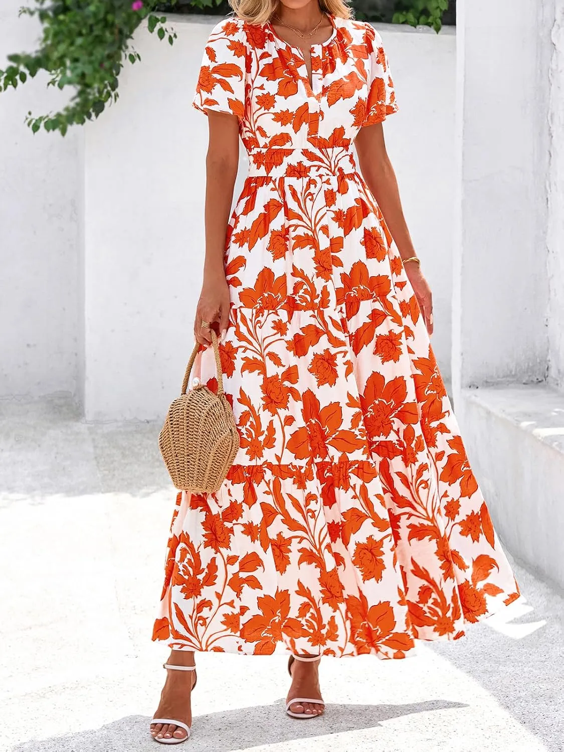 BTFBM Summer Dresses for Women 2025 Floral Casual Short Sleeve V Neck Elastic Waist Maxi Wedding Guest Dress Pockets