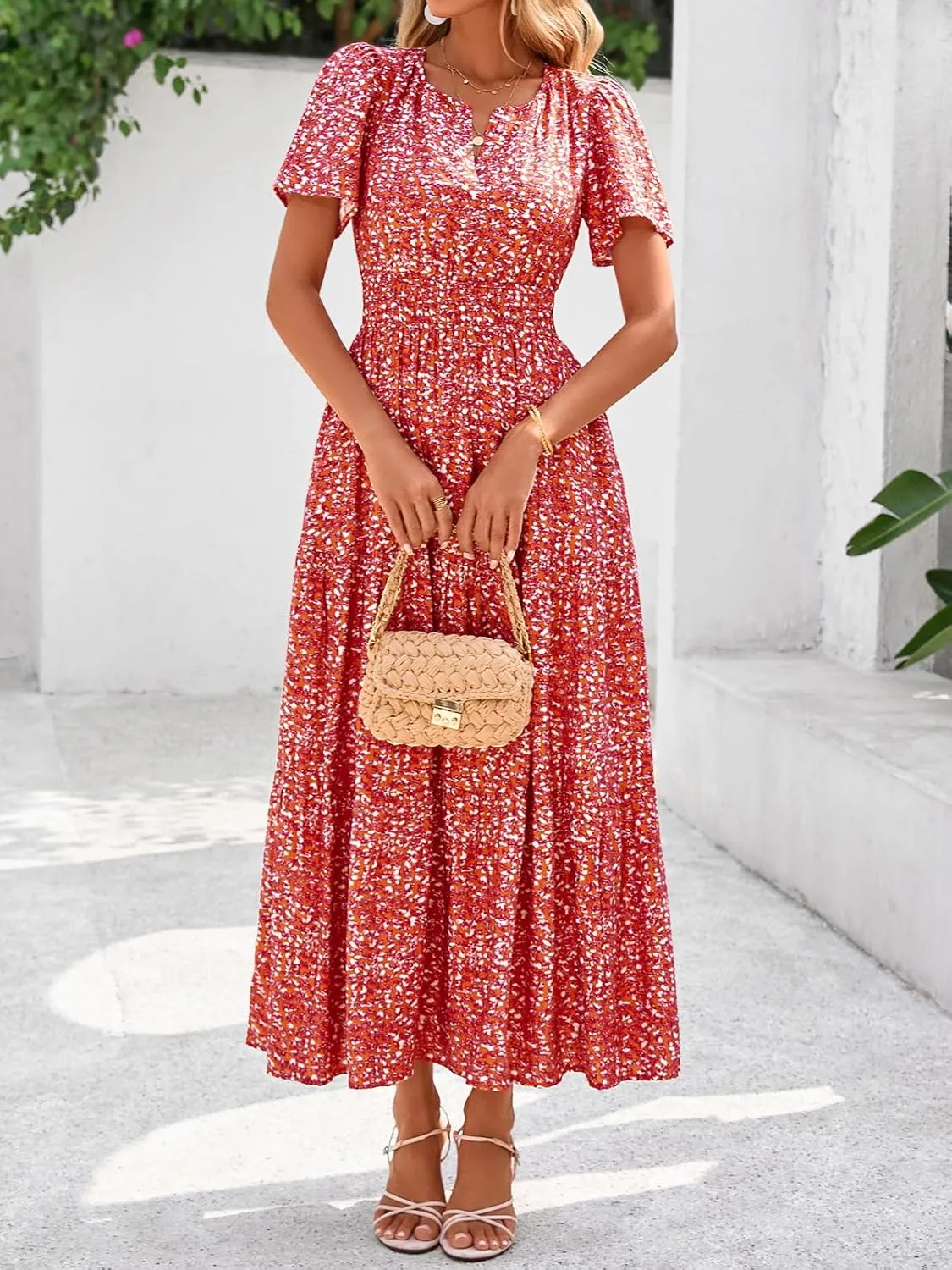 BTFBM Summer Dresses for Women 2025 Floral Casual Short Sleeve V Neck Elastic Waist Maxi Wedding Guest Dress Pockets
