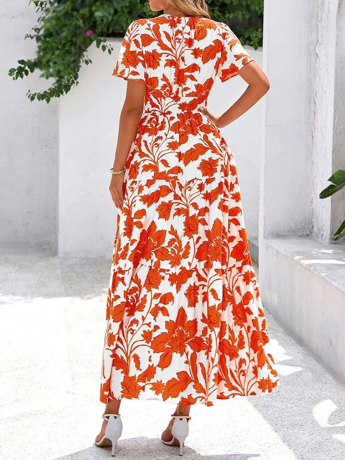 BTFBM Summer Dresses for Women 2025 Floral Casual Short Sleeve V Neck Elastic Waist Maxi Wedding Guest Dress Pockets