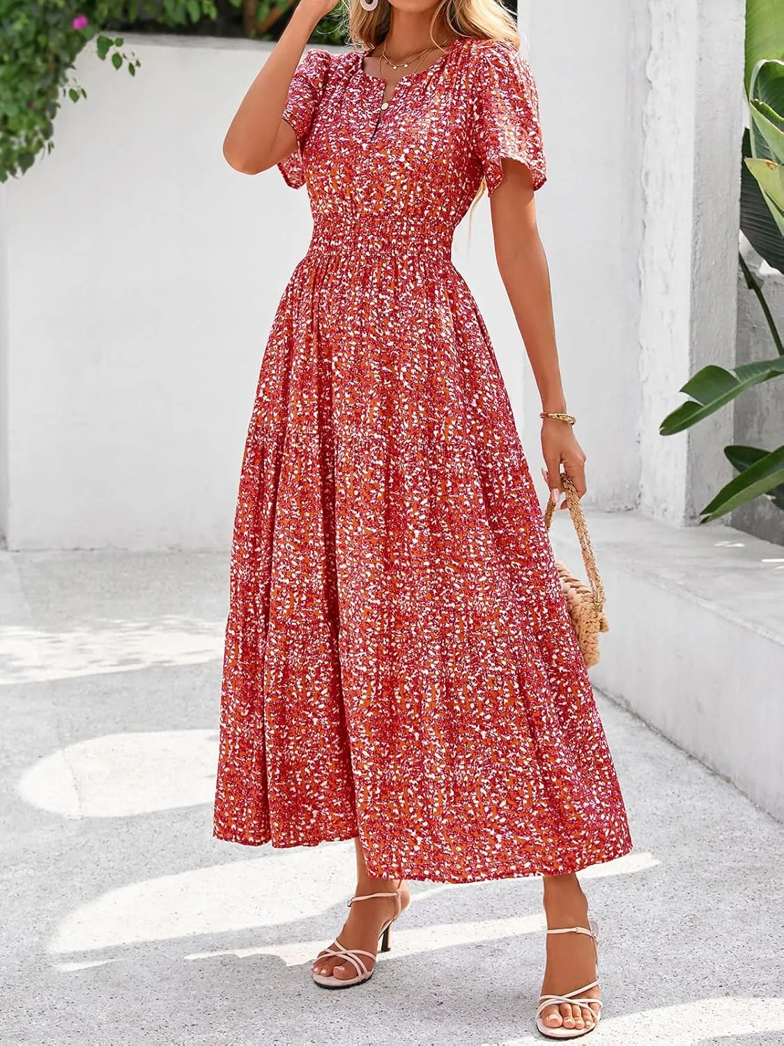 BTFBM Summer Dresses for Women 2025 Floral Casual Short Sleeve V Neck Elastic Waist Maxi Wedding Guest Dress Pockets