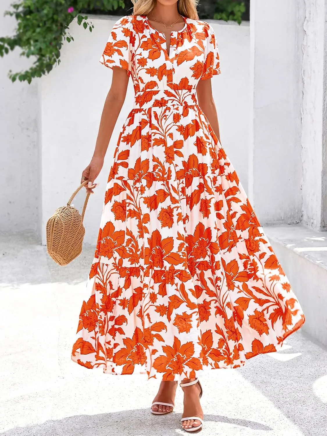 BTFBM Summer Dresses for Women 2025 Floral Casual Short Sleeve V Neck Elastic Waist Maxi Wedding Guest Dress Pockets