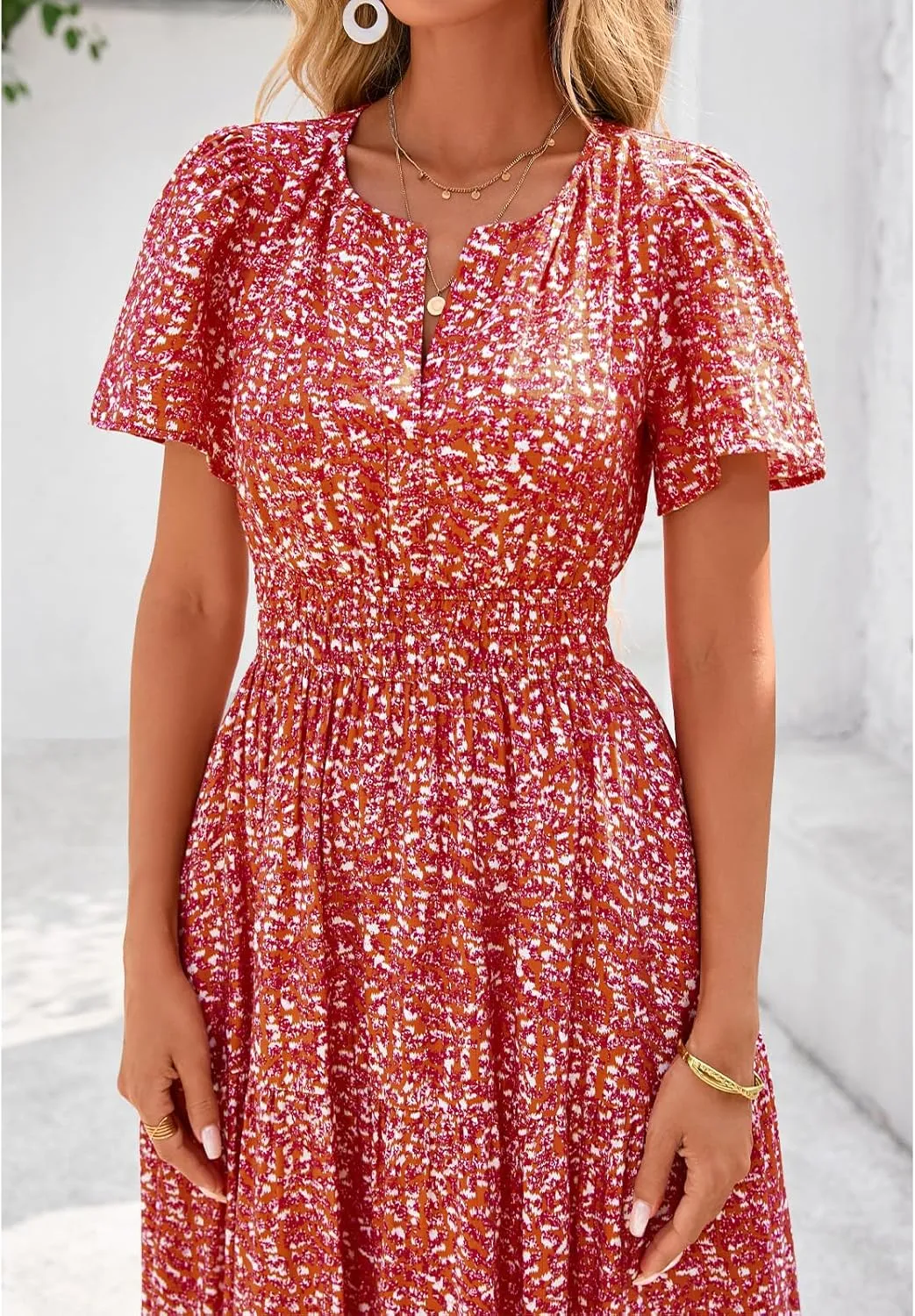 BTFBM Summer Dresses for Women 2025 Floral Casual Short Sleeve V Neck Elastic Waist Maxi Wedding Guest Dress Pockets