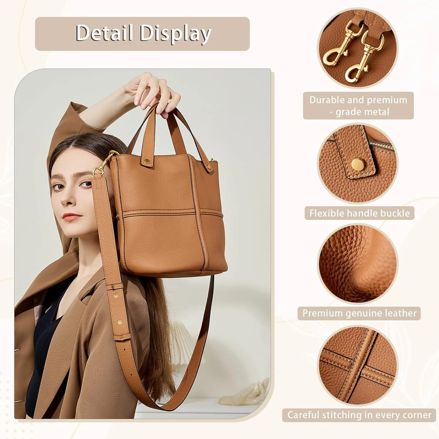 Bucket Bags for Women, Genuine Leather Tote Top Handbags, Crossbody Bags with a Strap