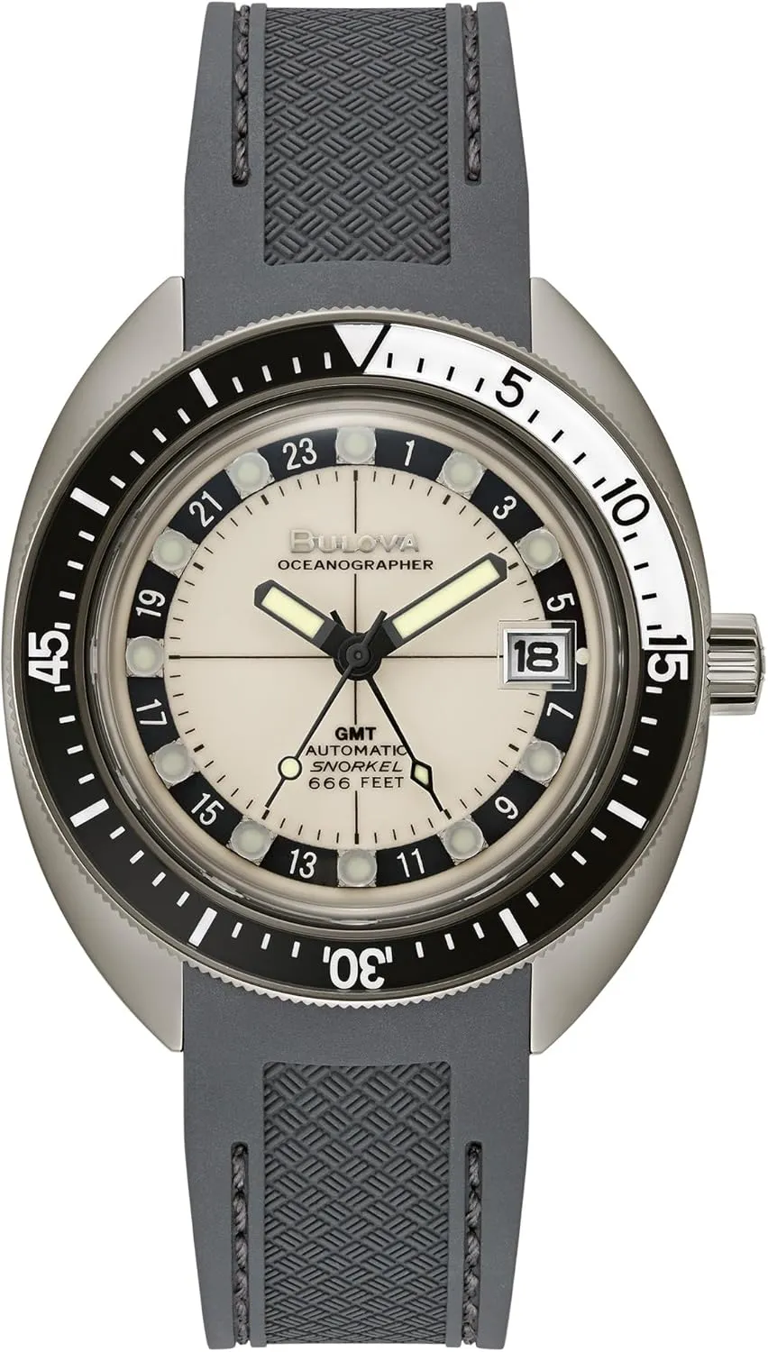 Bulova Men's Oceanographer Snorkel GMT Automatic Grey Ion Plated Stainless Steel Case Watch, Black and White Unidirectional Rotating Bezel, Gray Silicone Strap, White Dial Style:98B407