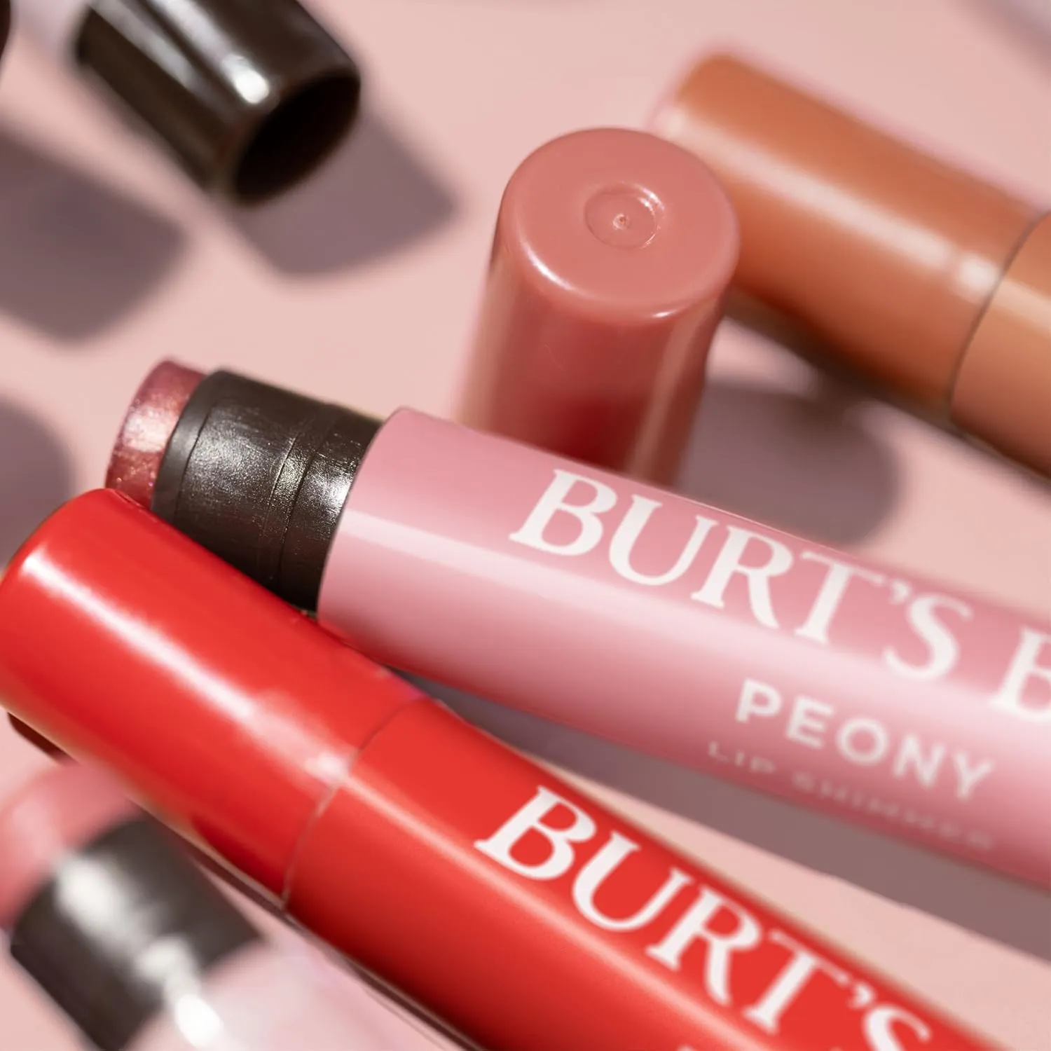 Burt's Bees Shimmer Lip Tint Set, Tinted Lip Balm Stick, Moisturizing for All Day Hydration with Natural Origin Glowy Pigmented Finish & Buildable Color, Peony (4-Pack)