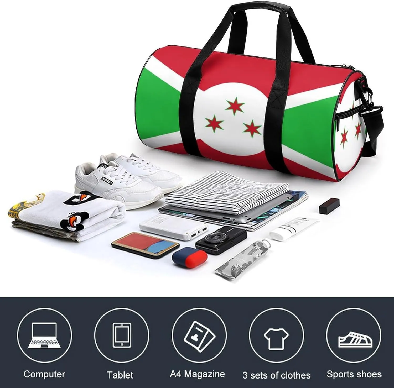 Burundi Flag Large Gym Duffel Bag with Wet Pocket for Men Women Travel Workout