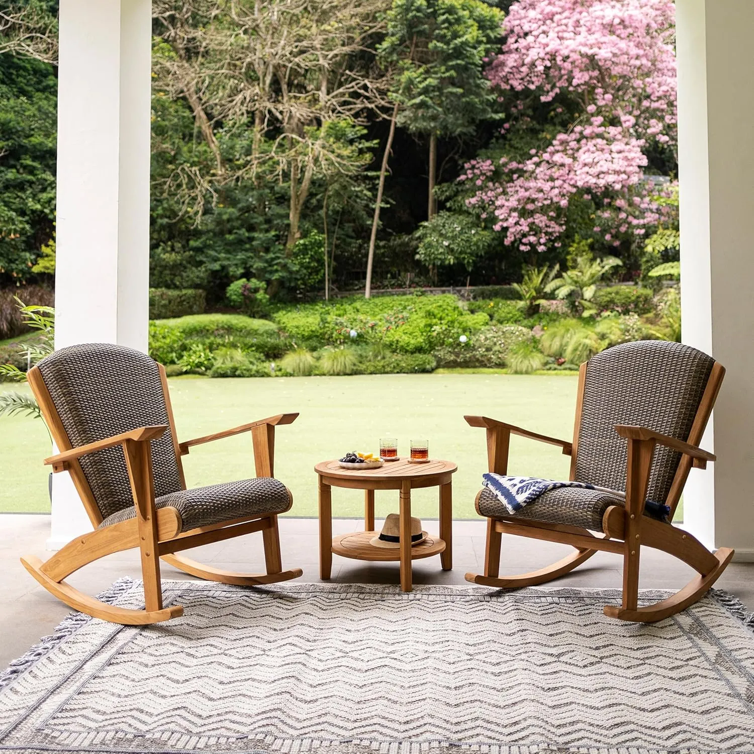 Cambridge Casual Auburn 3-Piece Wood Upholstered Patio Conversation Set, Natural Teak/All-Weather Wicker