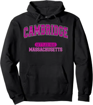 Cambridge Massachusetts Settled 1610 Vintage Arched Hot Pink Pullover Hoodie