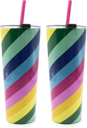 Cambridge Stripe Set of 2 24oz Multi-Color Insulated Straw Tumblers, 0