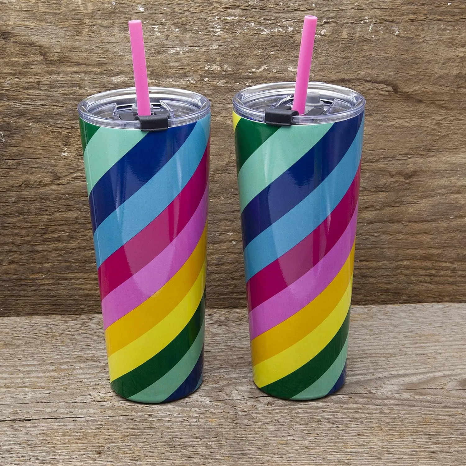 Cambridge Stripe Set of 2 24oz Multi-Color Insulated Straw Tumblers, 0