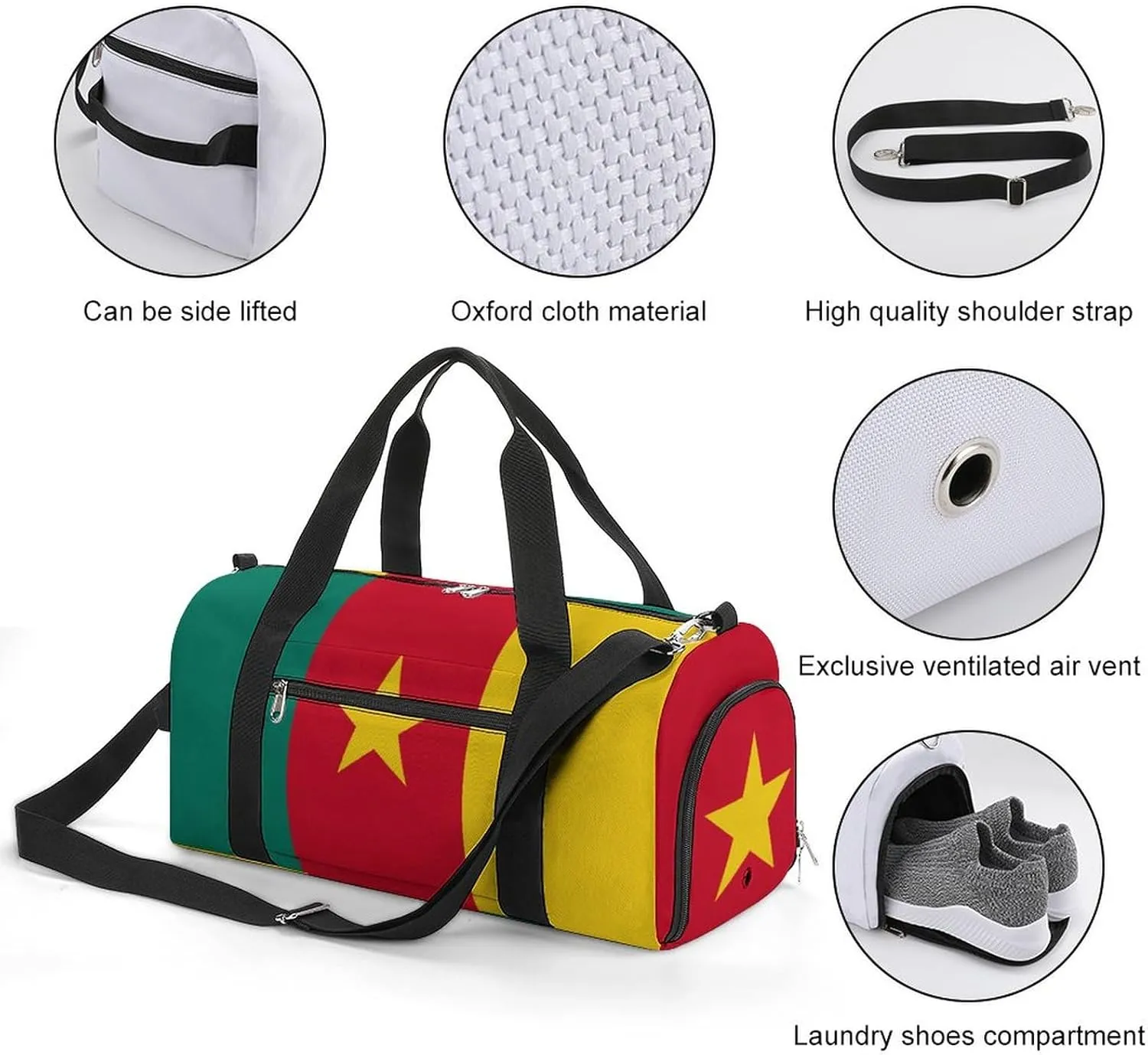 Cameroon Flag Sports Duffel Bag for Men Women with Wet Pocket Shoe Compartment
