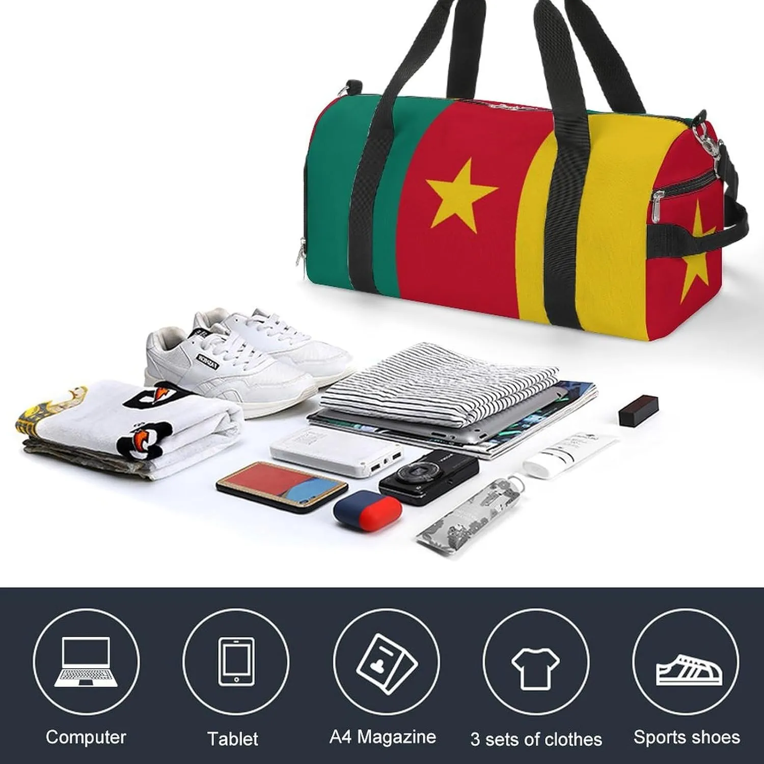Cameroon Flag Sports Duffel Bag for Men Women with Wet Pocket Shoe Compartment