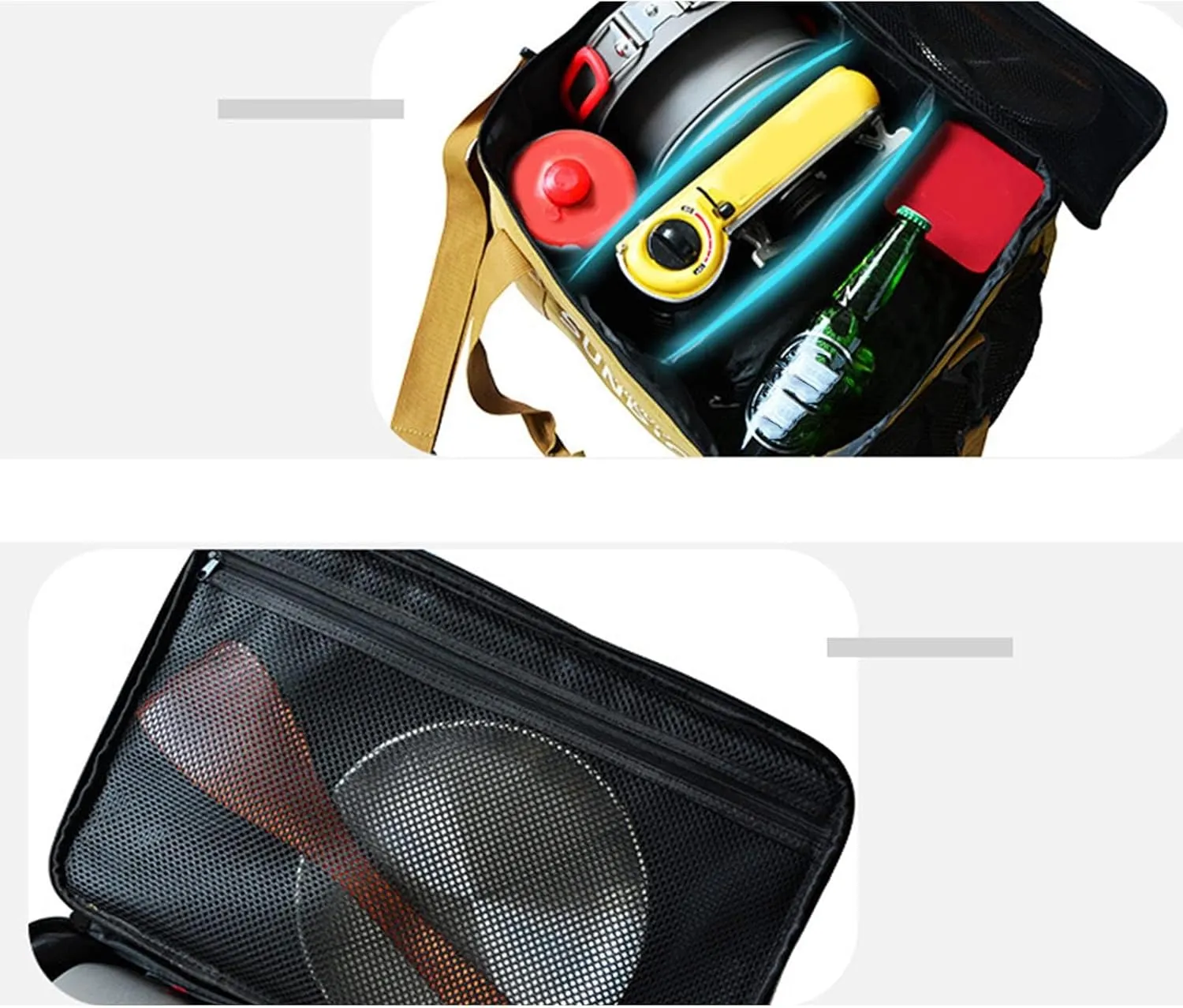 Camping Cookware Storage Bag, Waterproof 600D Oxford Cloth Tableware Storage Handbag with Cooling Compartment, Anti Collision Camping Cooking Utensils Tool Storage Bag(10x5x4cm / 3.9x2.0x1.6in-Yellow)