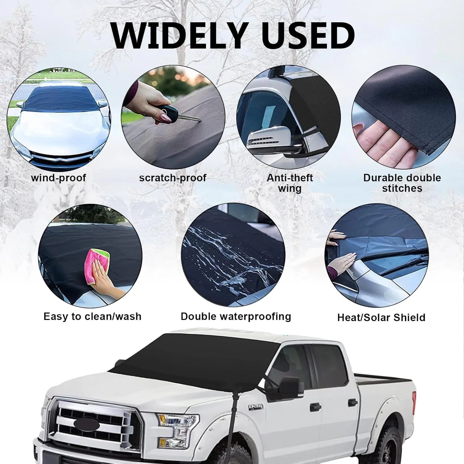 Car Windshield Cover, 190D Oxford Cloth Frost and Snow Protection Cover, 70.8" x 47.2" Perfect Coverage Foldable Anti-Theft Cover, Universal for Most Cars Trucks Winter Accessories (Black)
