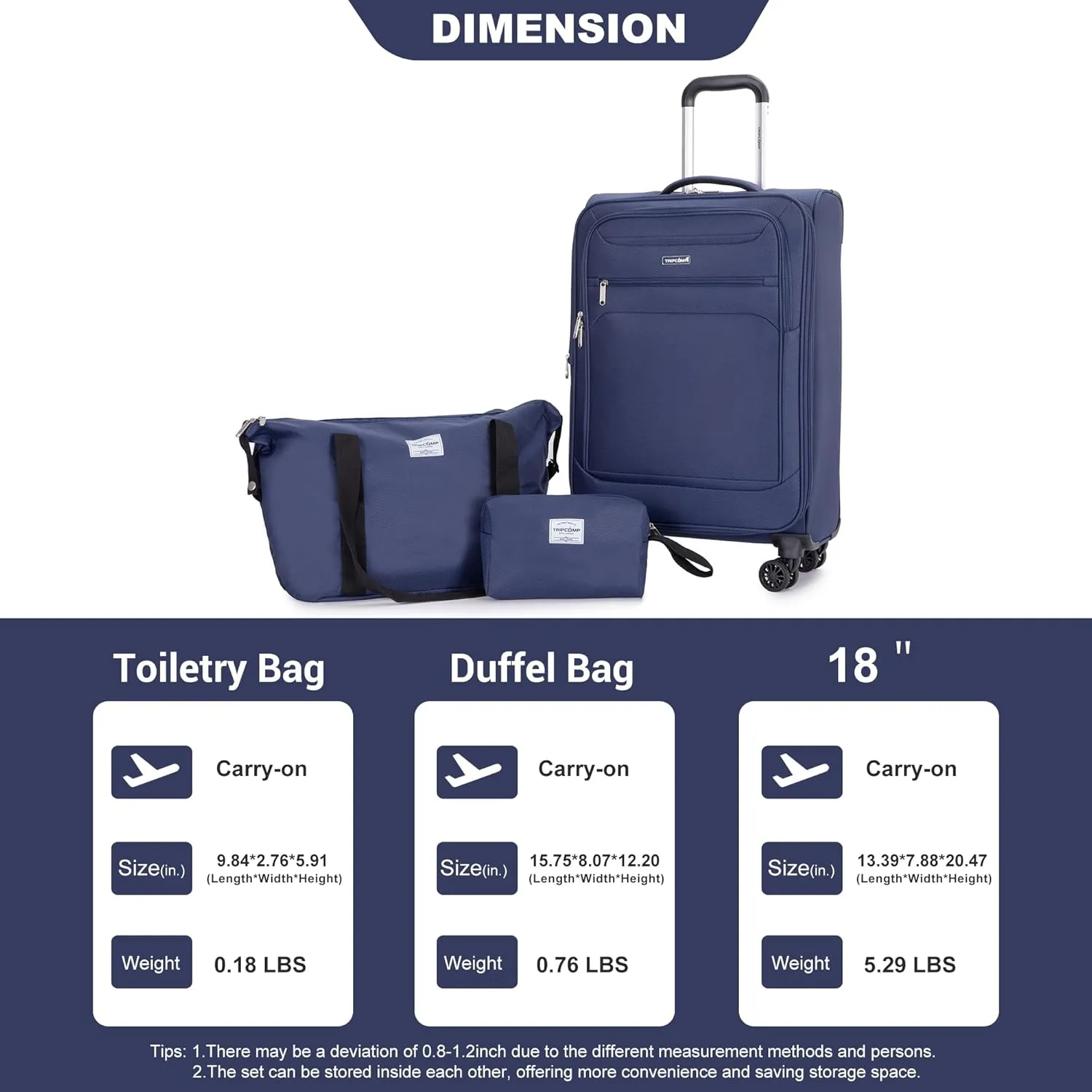 Carry-on Luggage Set 3 Piece Softside Lightweight Suitcase With Spinner Wheels Duffel Bag And Toiletry Bag(10" 16" 18"), Blue