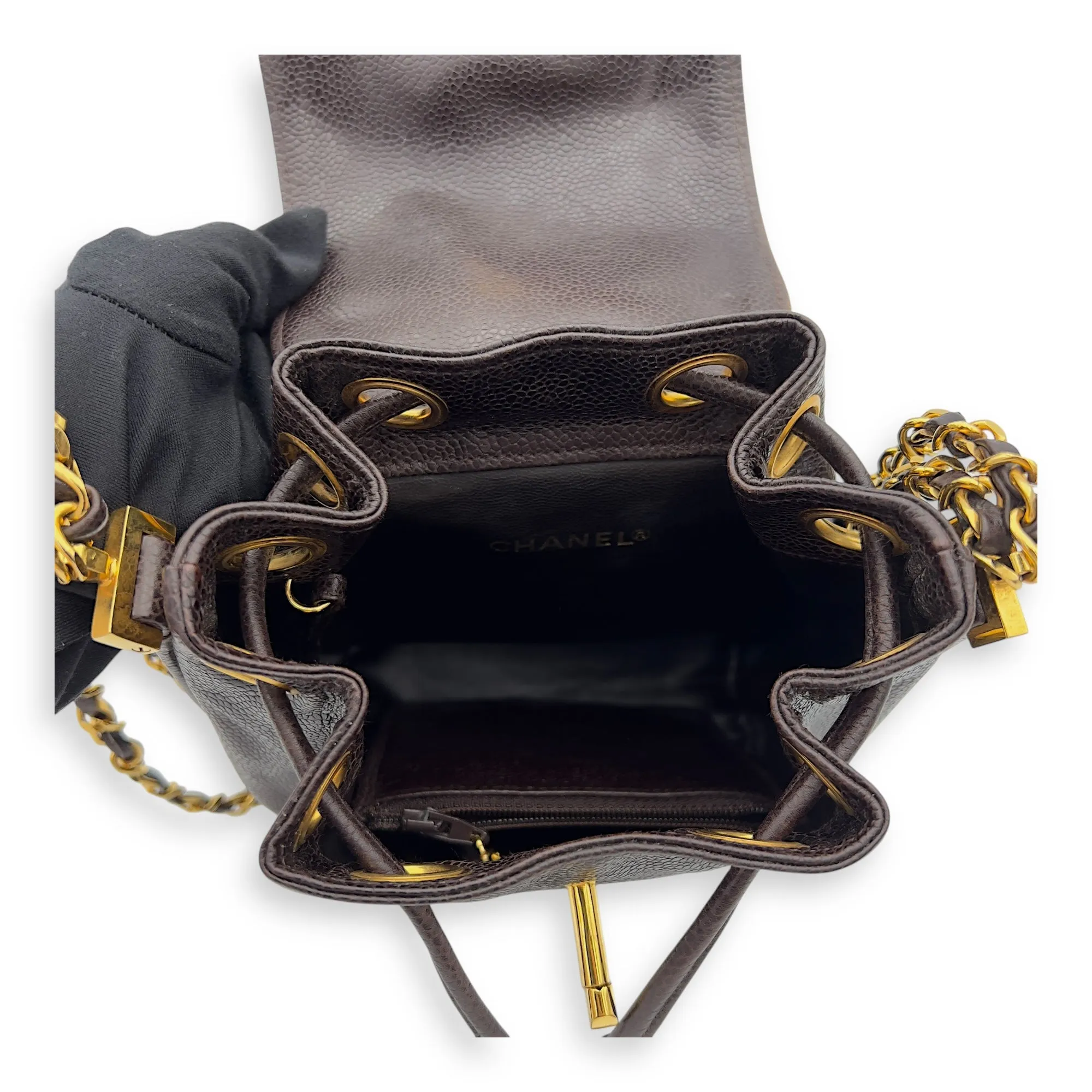 CC Brown Shoulder Bag in Caviar Leather, Gold hardware