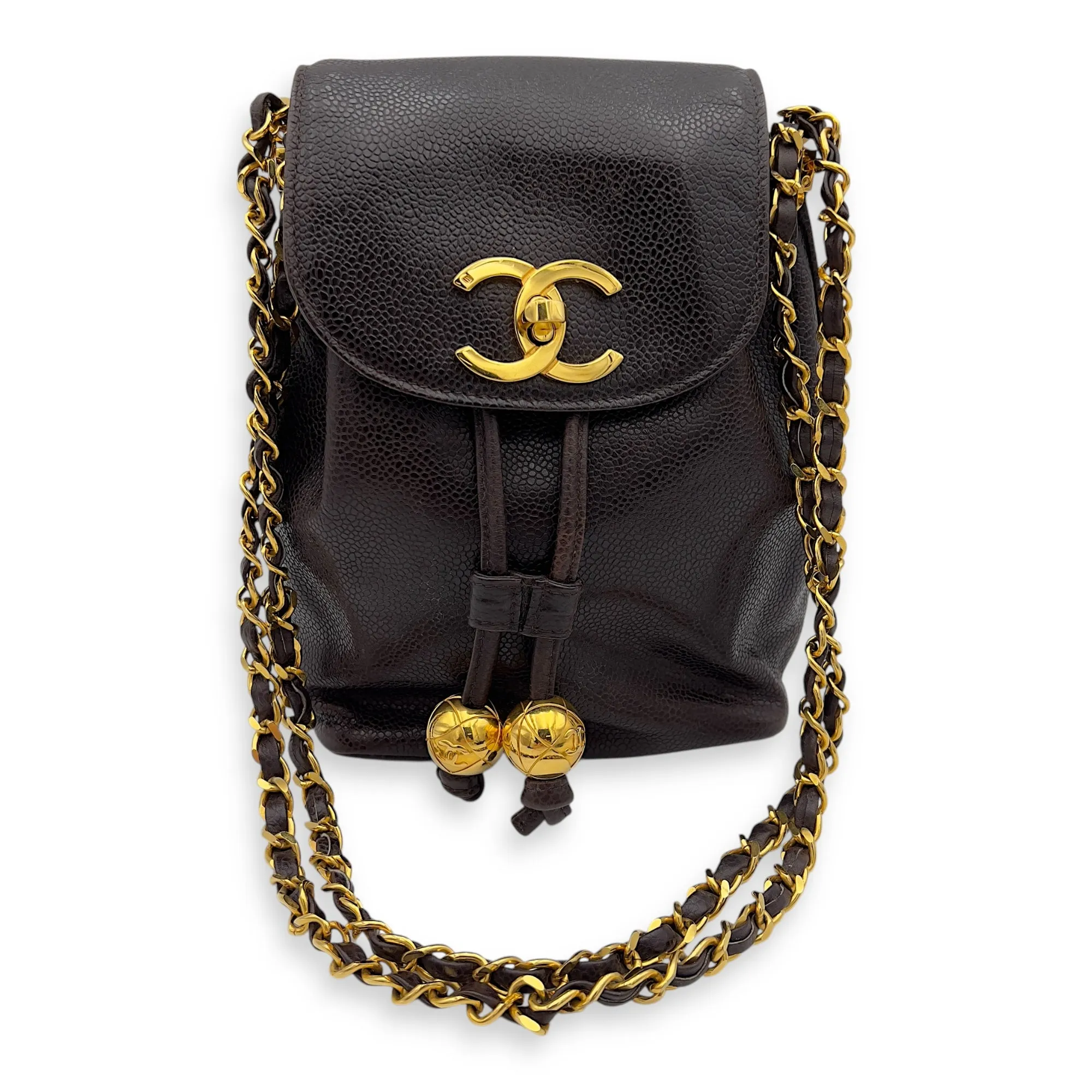 CC Brown Shoulder Bag in Caviar Leather, Gold hardware