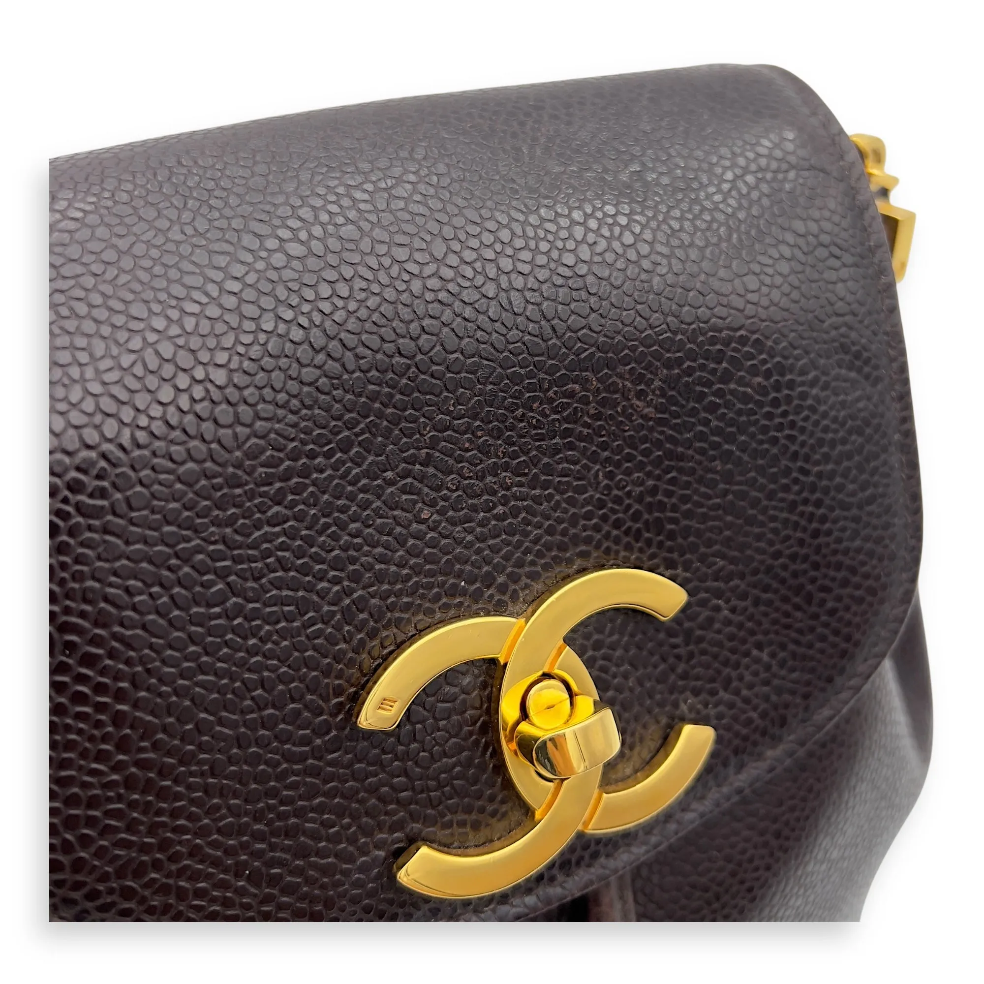 CC Brown Shoulder Bag in Caviar Leather, Gold hardware