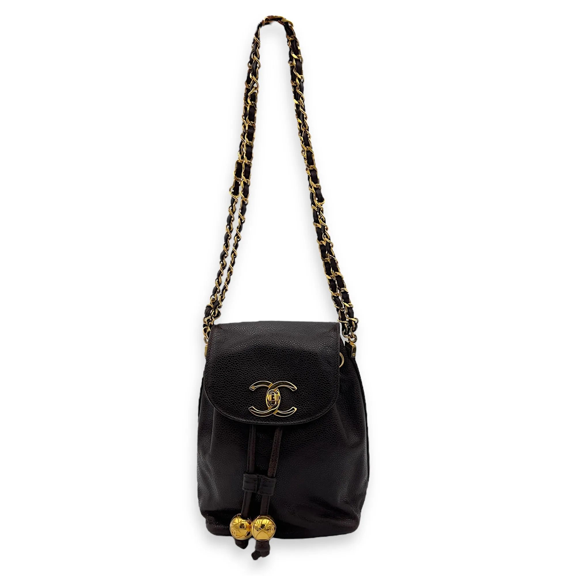 CC Brown Shoulder Bag in Caviar Leather, Gold hardware