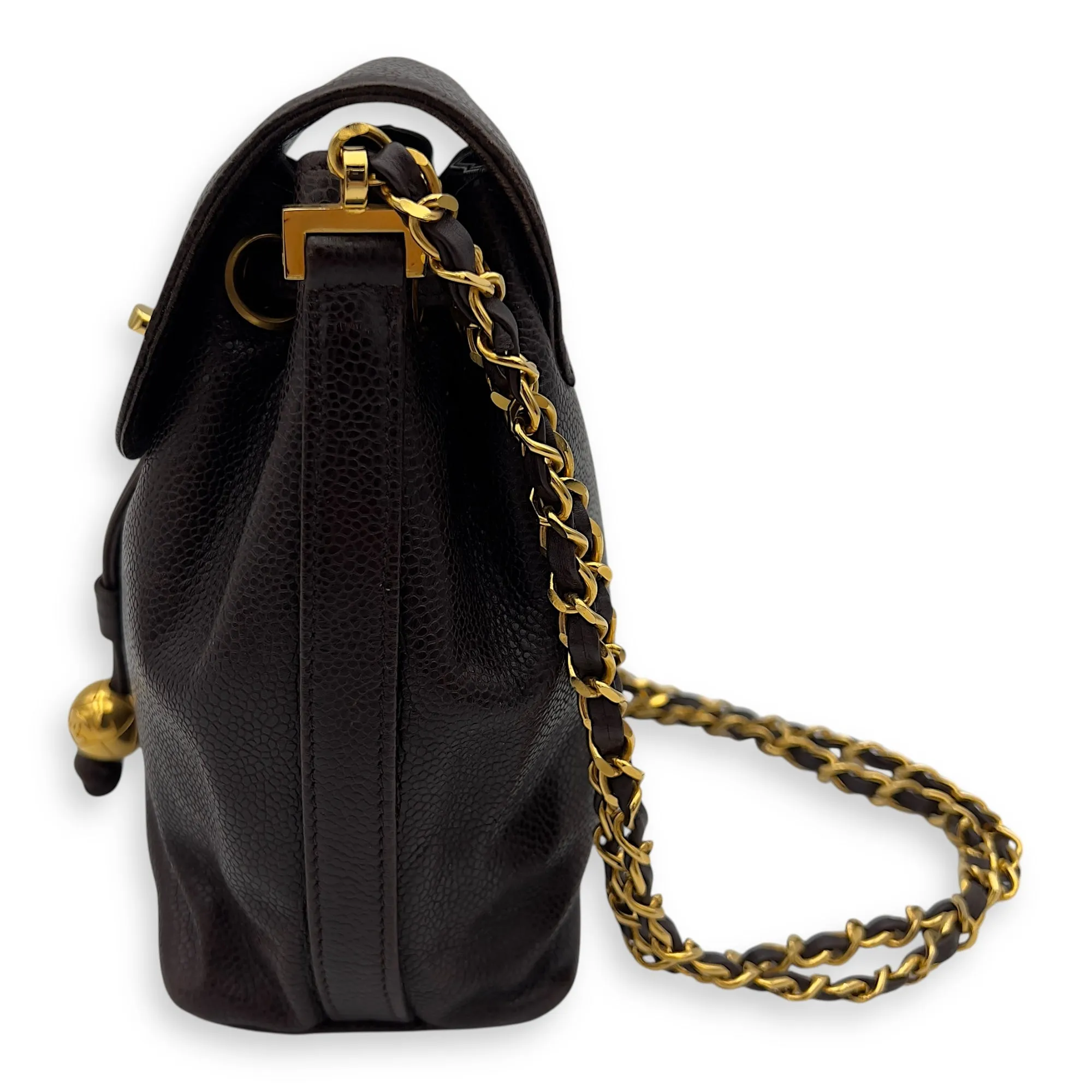 CC Brown Shoulder Bag in Caviar Leather, Gold hardware